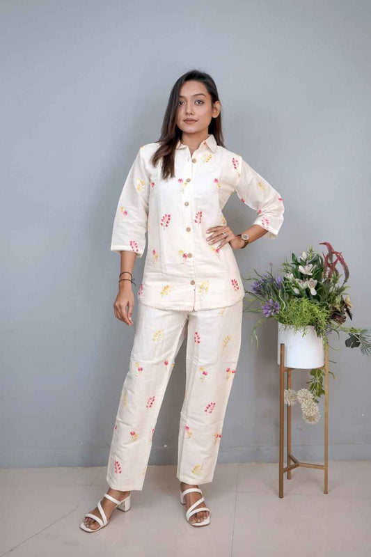 White Pure Soft Cotton With Embroidery Work Co-ord Set