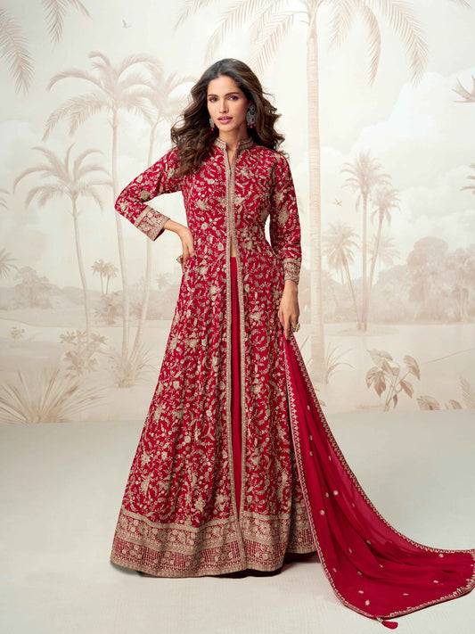 Red Heavy Embroidered Georgette Anarkali Suit Set with Dupatta
