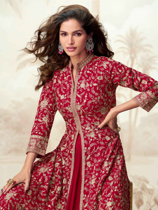 Red Heavy Embroidered Georgette Anarkali Suit Set with Dupatta