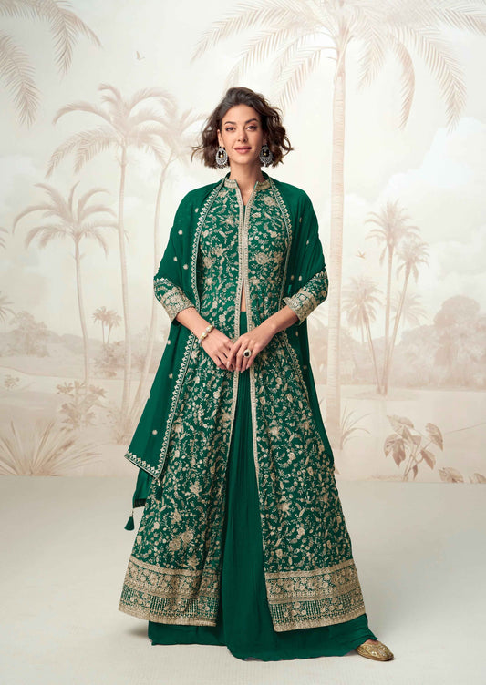Green Heavy Embroidered Georgette Anarkali Suit Set