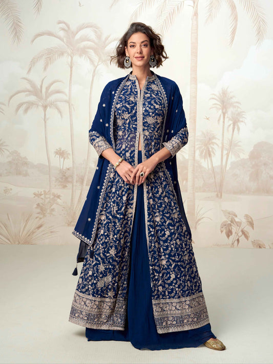 Navy Blue Embroidered Georgette Anarkali Suit Set