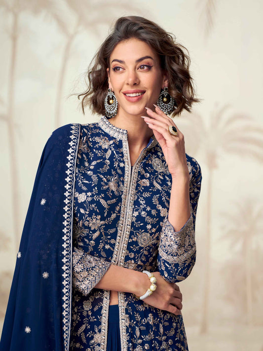 Navy Blue Embroidered Georgette Anarkali Suit Set