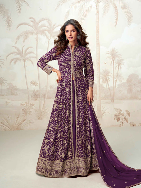 Purple Embroidered Georgette Anarkali Suit Set with Dupatta