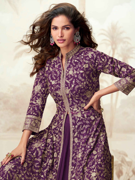 Purple Embroidered Georgette Anarkali Suit Set with Dupatta