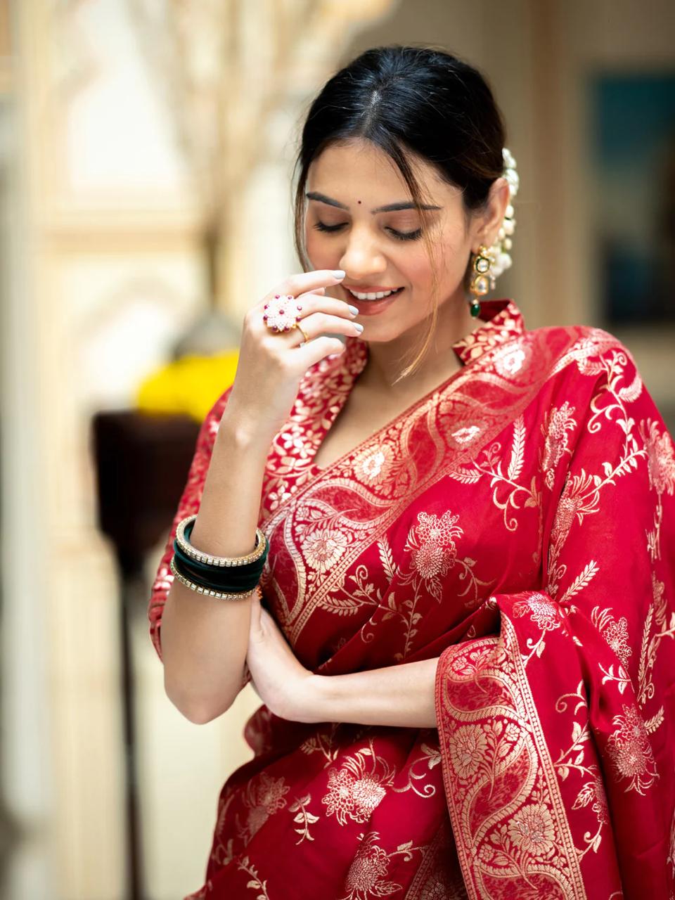 Bucolic Red Soft Silk Saree With Traditional Blouse Piece - Surats Fabric