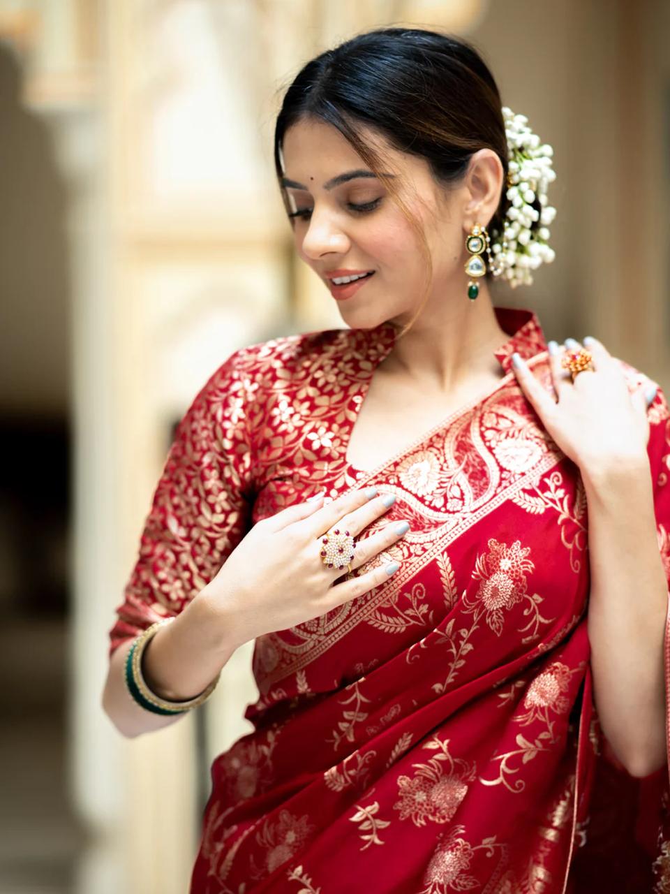 Bucolic Red Soft Silk Saree With Traditional Blouse Piece - Surats Fabric