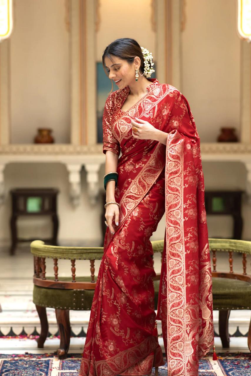 Bucolic Red Soft Silk Saree With Traditional Blouse Piece - Surats Fabric