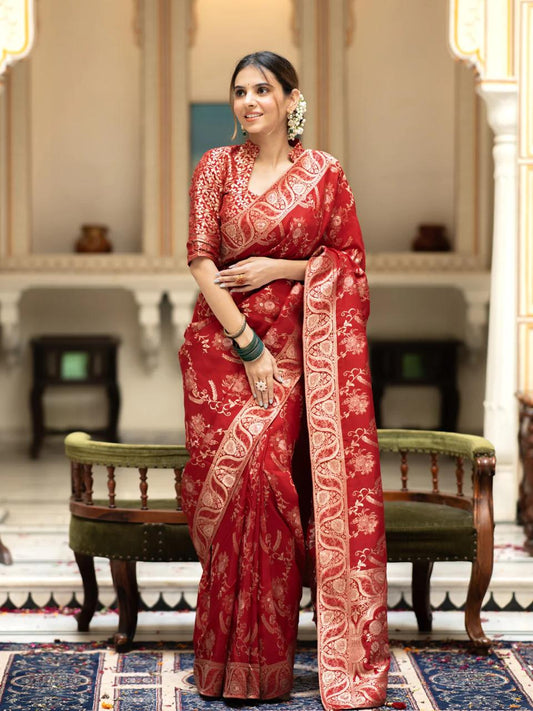 Bucolic Red Soft Silk Saree With Traditional Blouse Piece - Surats Fabric