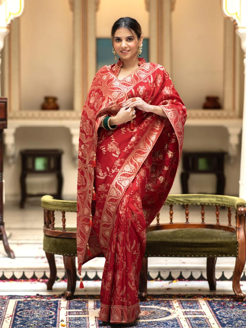 Bucolic Red Soft Silk Saree With Traditional Blouse Piece - Surats Fabric