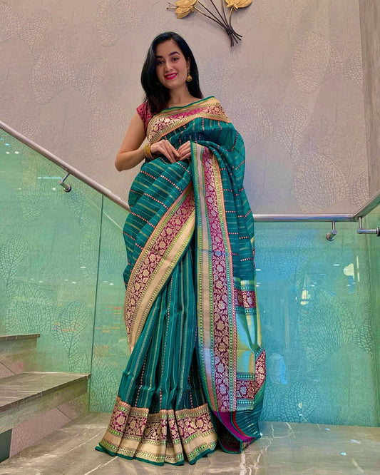 Attractive Rama Soft Silk Saree With Classy Blouse Piece - Surats Fabric