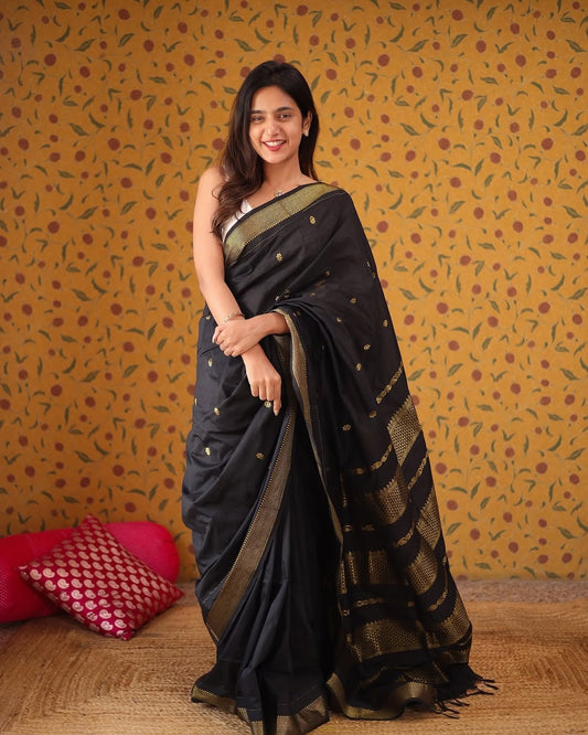 Beautiful Black Soft Silk Saree With Ravishing Blouse Piece - Surats Fabric