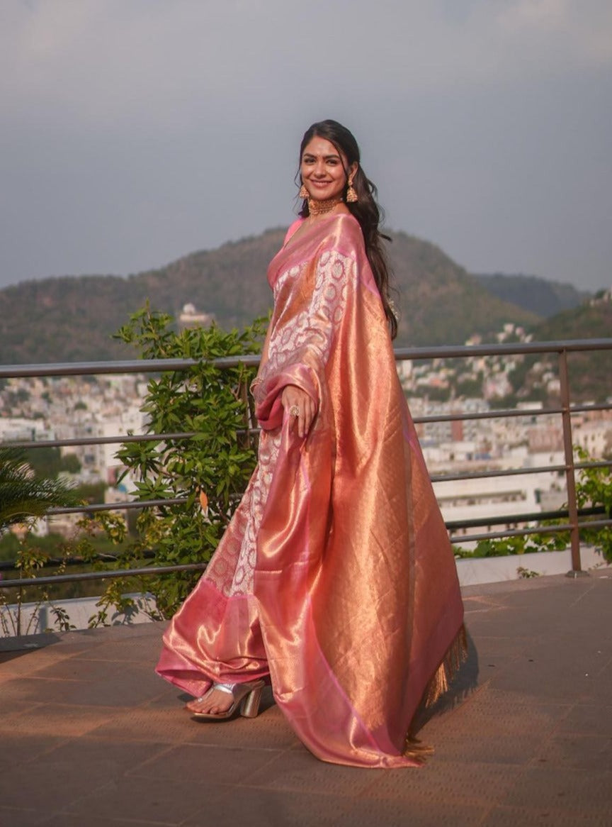 Attractive Pink Soft Banarasi Silk Saree With Impressive Blouse Piece - Surats Fabric