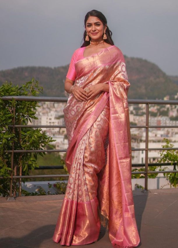 Attractive Pink Soft Banarasi Silk Saree With Impressive Blouse Piece - Surats Fabric