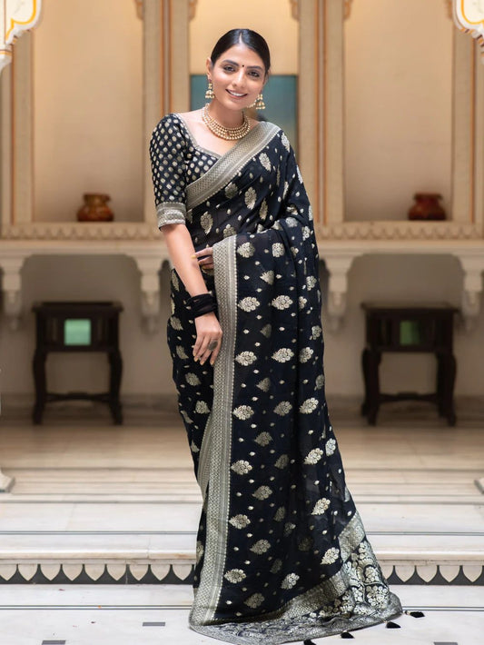 Beautiful Black Soft Banarasi Silk Saree With Desiring Blouse Piece - Surats Fabric
