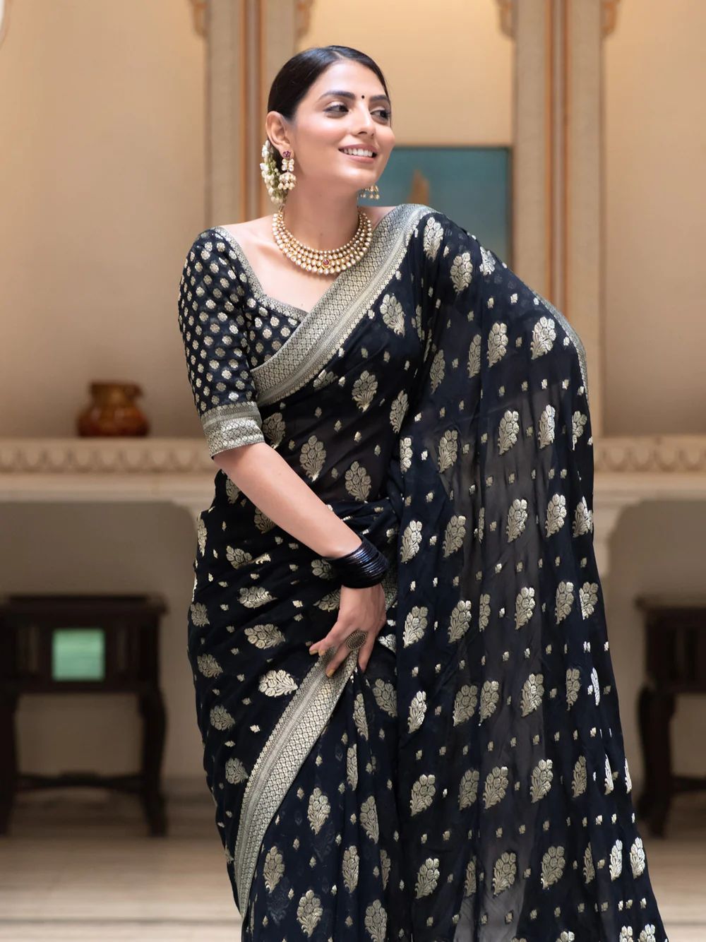 Beautiful Black Soft Banarasi Silk Saree With Desiring Blouse Piece - Surats Fabric