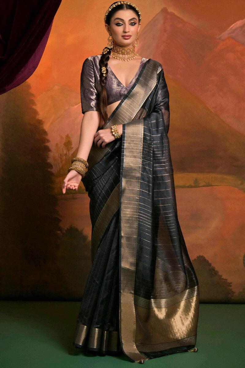 Beauteous Black Soft Banarasi Silk Saree With Gratifying Blouse Piece - Surats Fabric