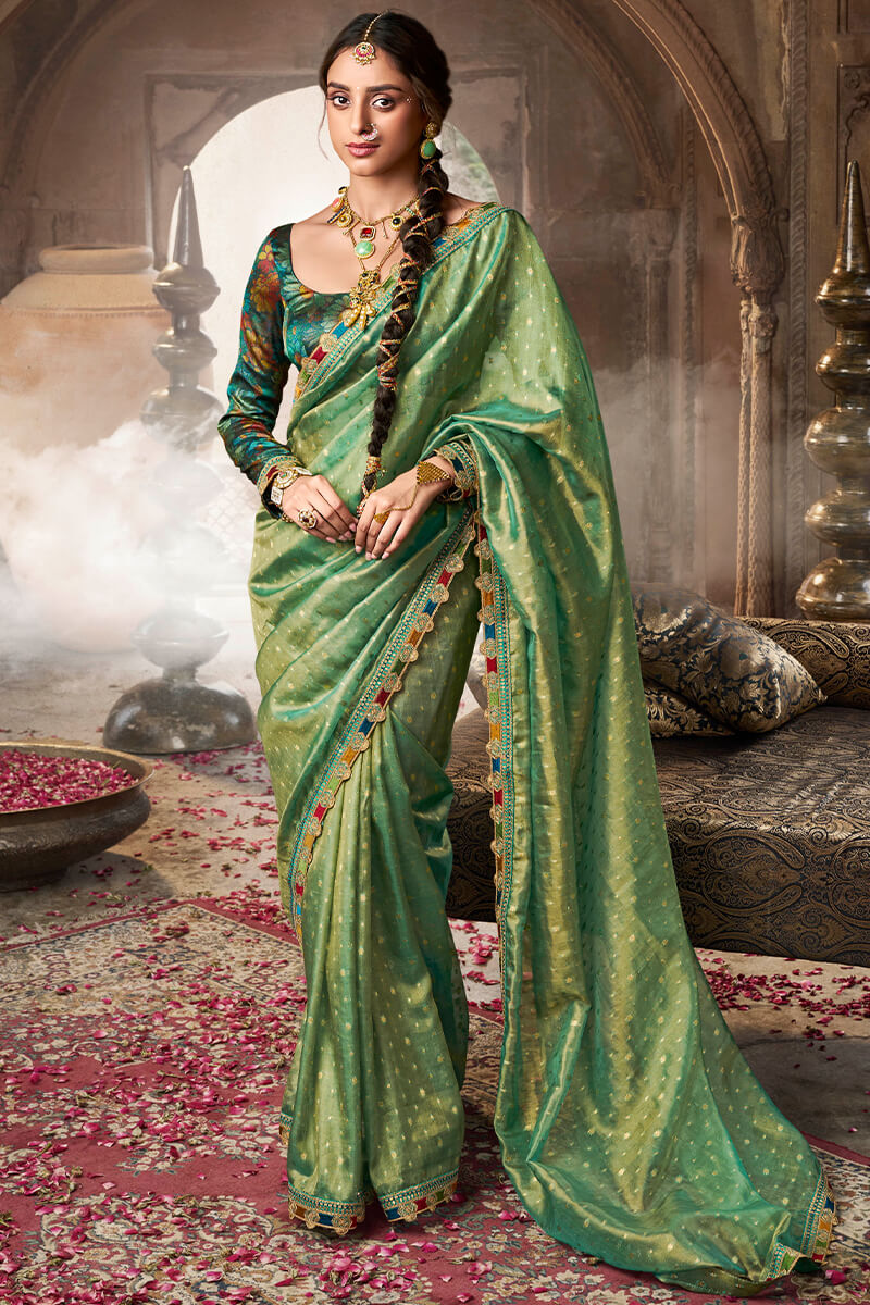 Beleaguer Green Pure Tissue Banarasi Silk Saree With Lustrous Blouse Piece - Surats Fabric