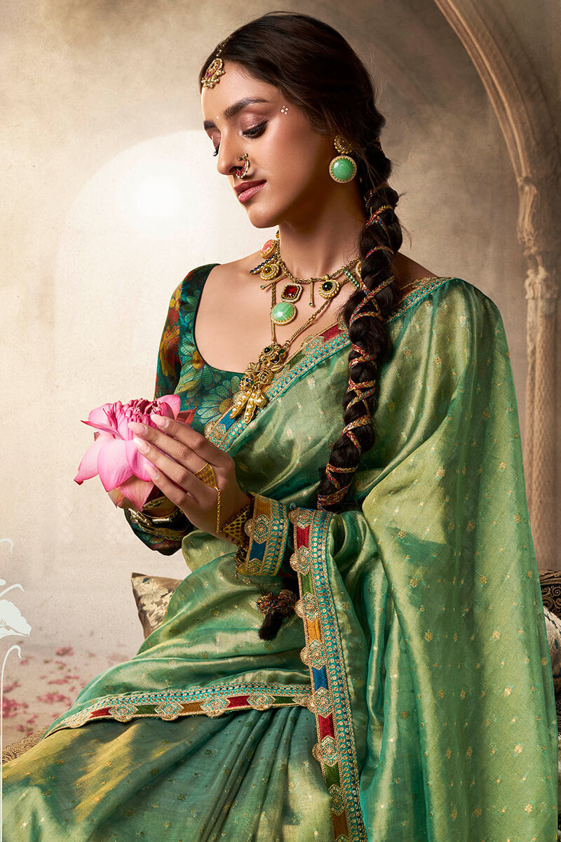 Beleaguer Green Pure Tissue Banarasi Silk Saree With Lustrous Blouse Piece - Surats Fabric