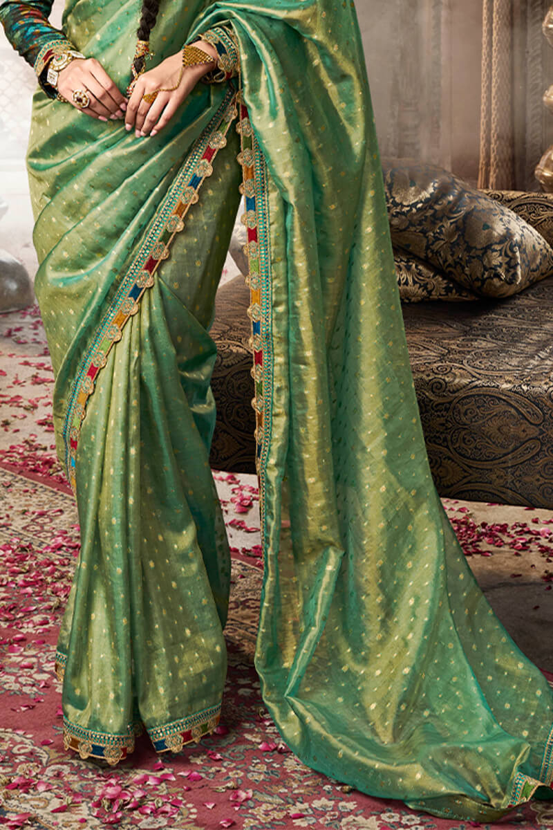 Beleaguer Green Pure Tissue Banarasi Silk Saree With Lustrous Blouse Piece - Surats Fabric