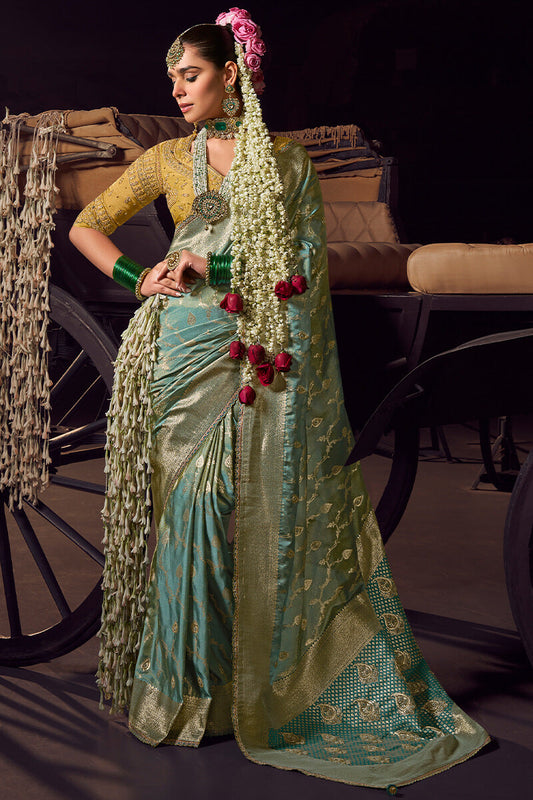 Blissful Sea Green Pure Viscose Tissue Banrasi Silk Saree With Glowing Blouse Piece - Surats Fabric