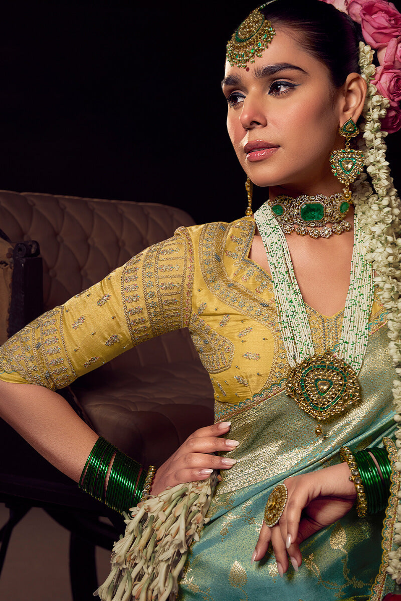 Blissful Sea Green Pure Viscose Tissue Banrasi Silk Saree With Glowing Blouse Piece - Surats Fabric