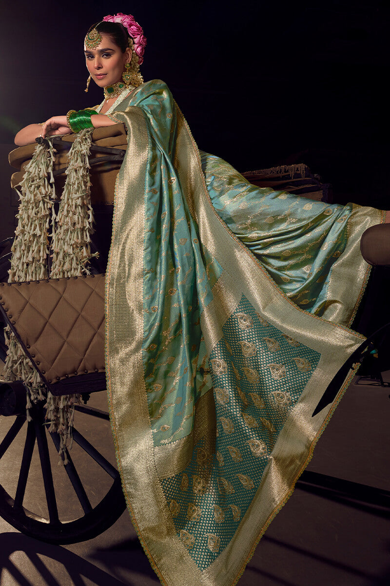 Blissful Sea Green Pure Viscose Tissue Banrasi Silk Saree With Glowing Blouse Piece - Surats Fabric
