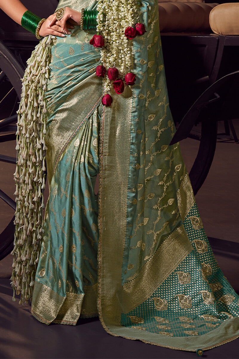 Blissful Sea Green Pure Viscose Tissue Banrasi Silk Saree With Glowing Blouse Piece - Surats Fabric
