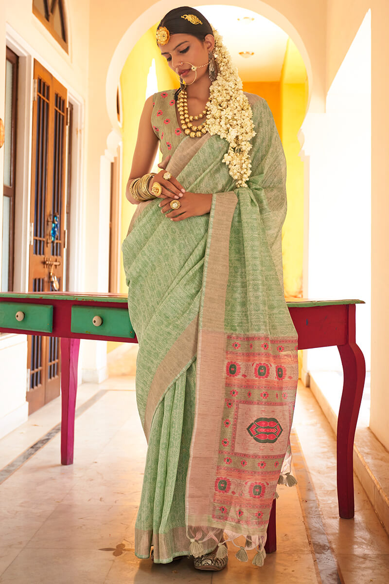 Bewitching Pista Cotton Silk Saree With Invaluable Blouse Piece - Surats Fabric