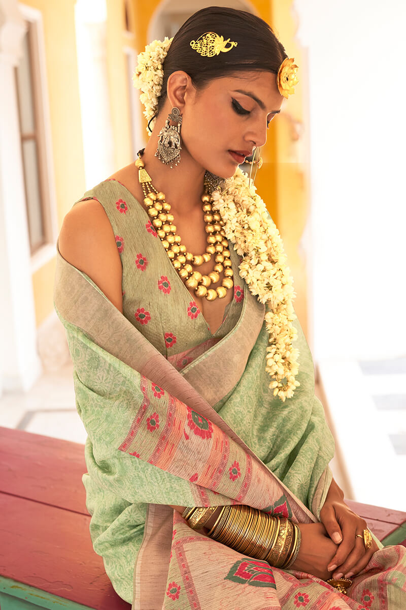 Bewitching Pista Cotton Silk Saree With Invaluable Blouse Piece - Surats Fabric
