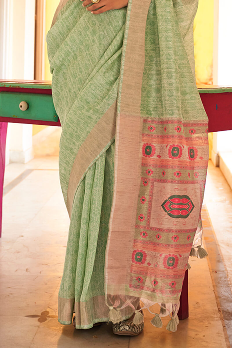Bewitching Pista Cotton Silk Saree With Invaluable Blouse Piece - Surats Fabric