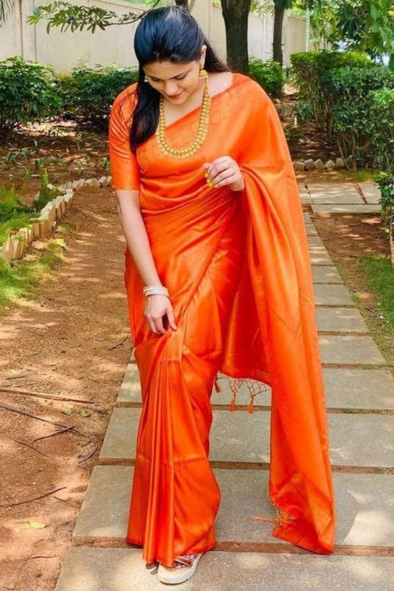 Brood Orange Kanjivaram Silk Saree With Diaphanous Blouse Piece - Surats Fabric