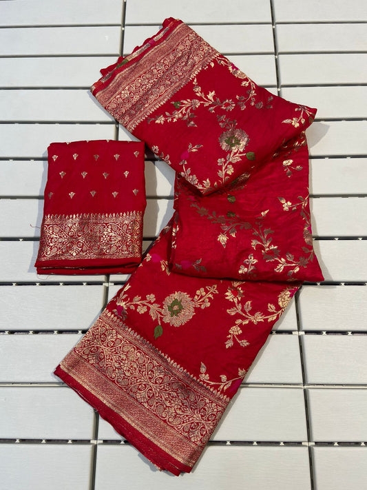 Artistic Red Soft Banarasi Silk Saree With Improbable Blouse Piece - Surats Fabric