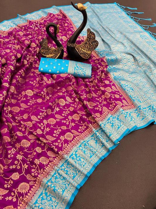 Beautiful Pruple Soft Banarasi Silk Saree With Stylish Blouse Piece - Surats Fabric
