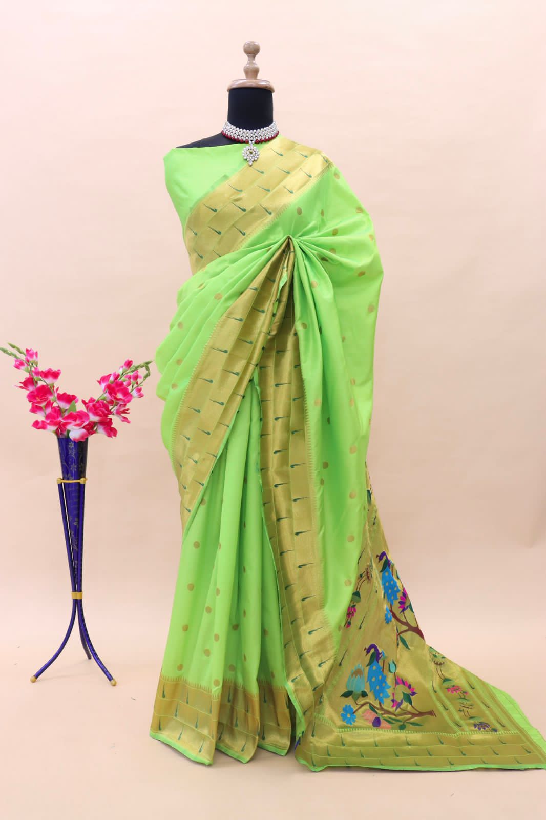 Assemblage Parrot Paithani Silk Saree With Redolent Blouse Piece - Surats Fabric
