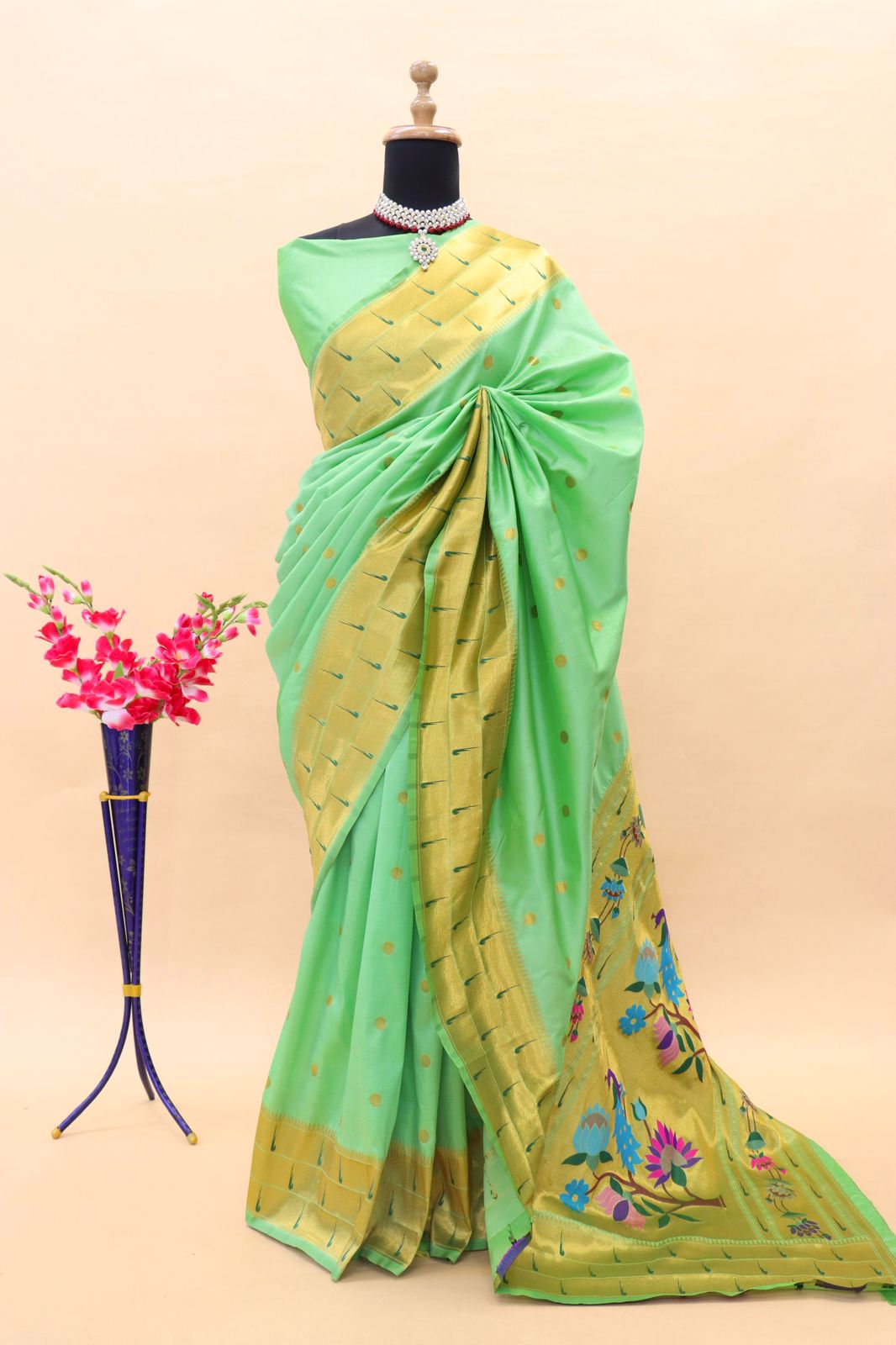 Brood Pista Paithani Silk Saree With Woebegone Blouse Piece - Surats Fabric