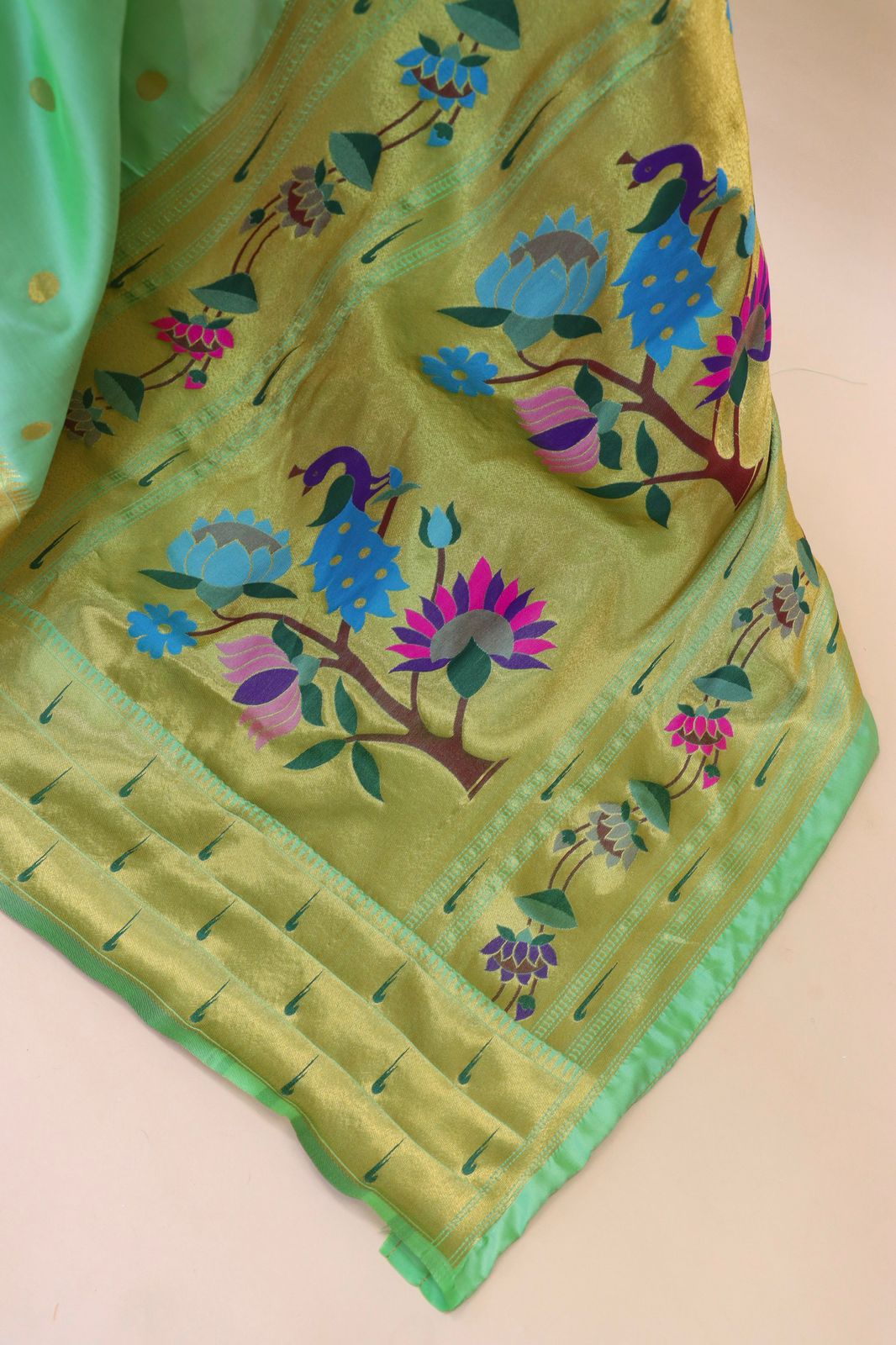 Brood Pista Paithani Silk Saree With Woebegone Blouse Piece - Surats Fabric