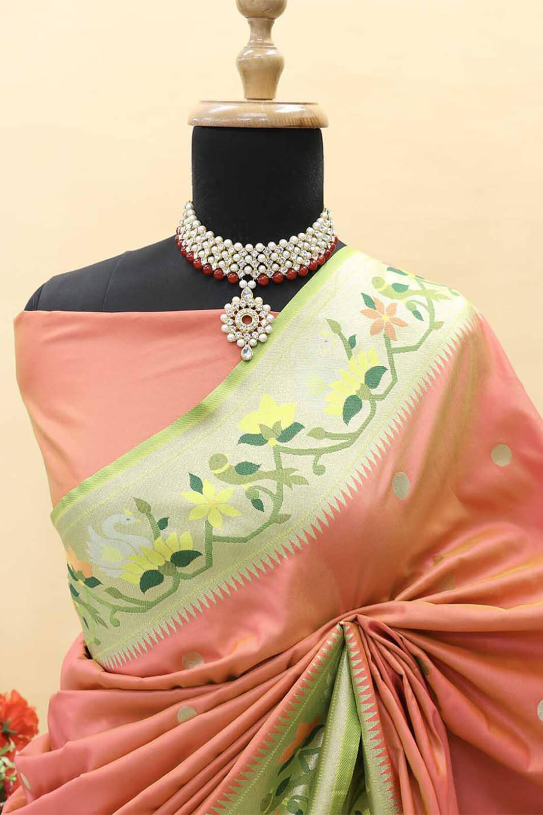 Blooming Peach Paithani Silk Saree With Gleaming Blouse Piece - Surats Fabric