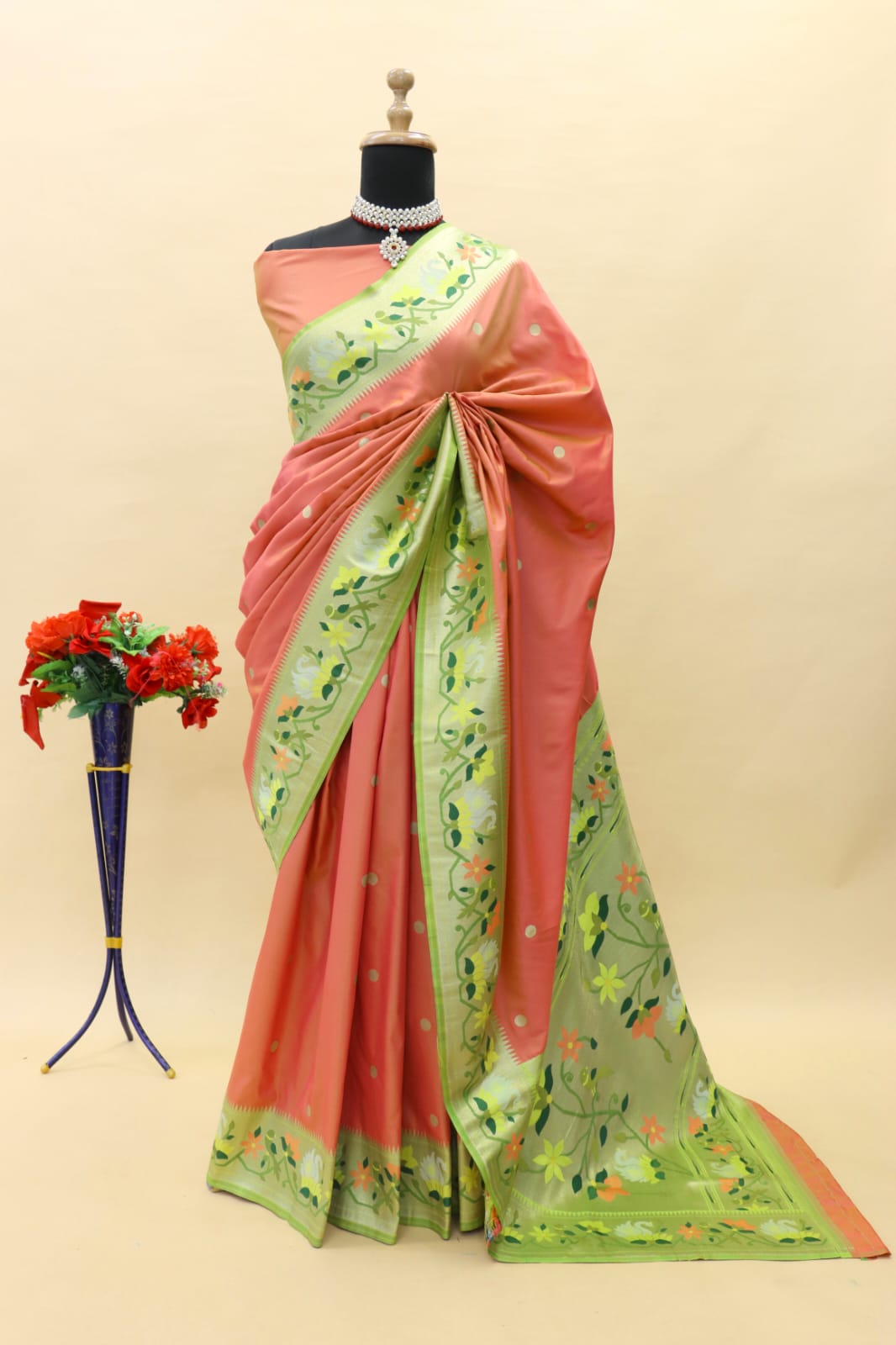 Blooming Peach Paithani Silk Saree With Gleaming Blouse Piece - Surats Fabric