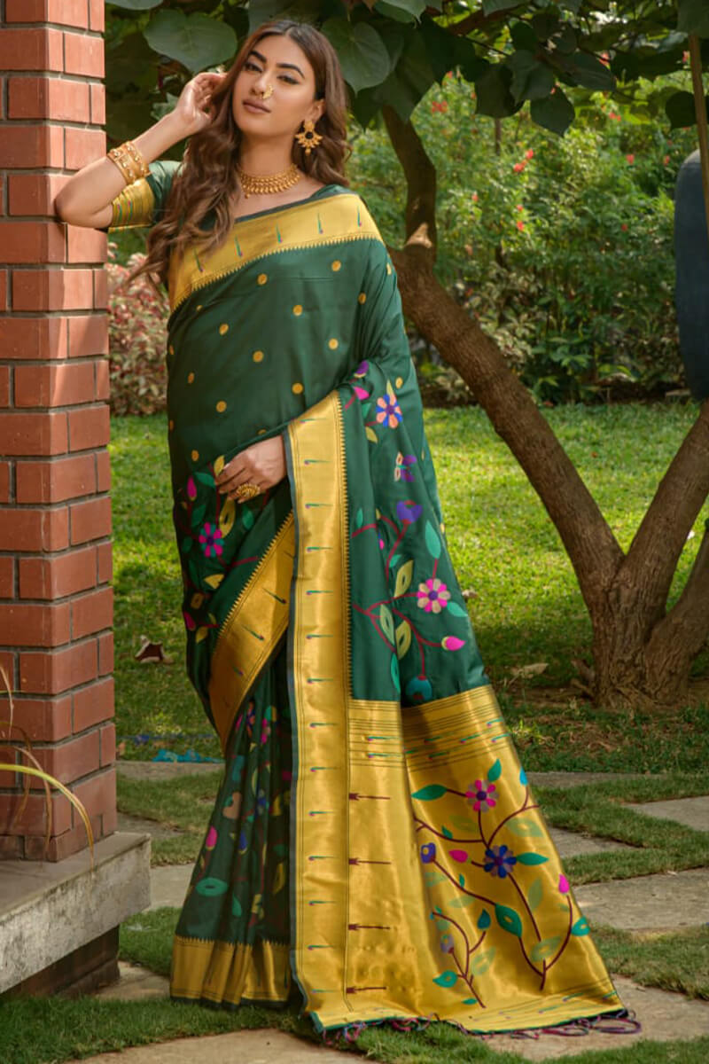 Attractive Dark Green Paithani Silk Saree With Sizzling Blouse Piece - Surats Fabric