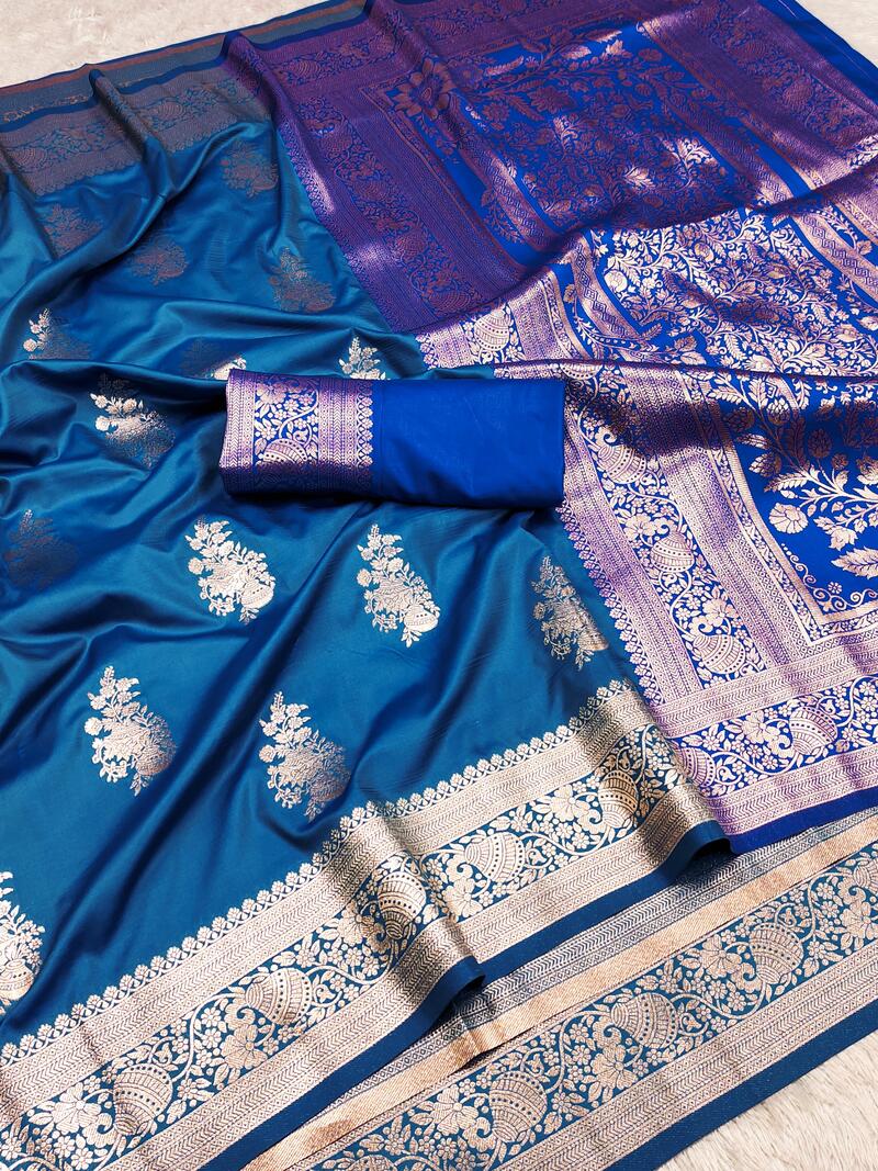 Bewitching Blue Soft Banarasi Silk Saree With Trendy Blouse Piece - Surats Fabric