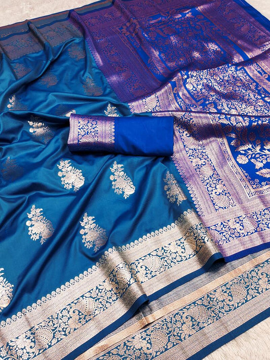 Bewitching Blue Soft Banarasi Silk Saree With Trendy Blouse Piece - Surats Fabric