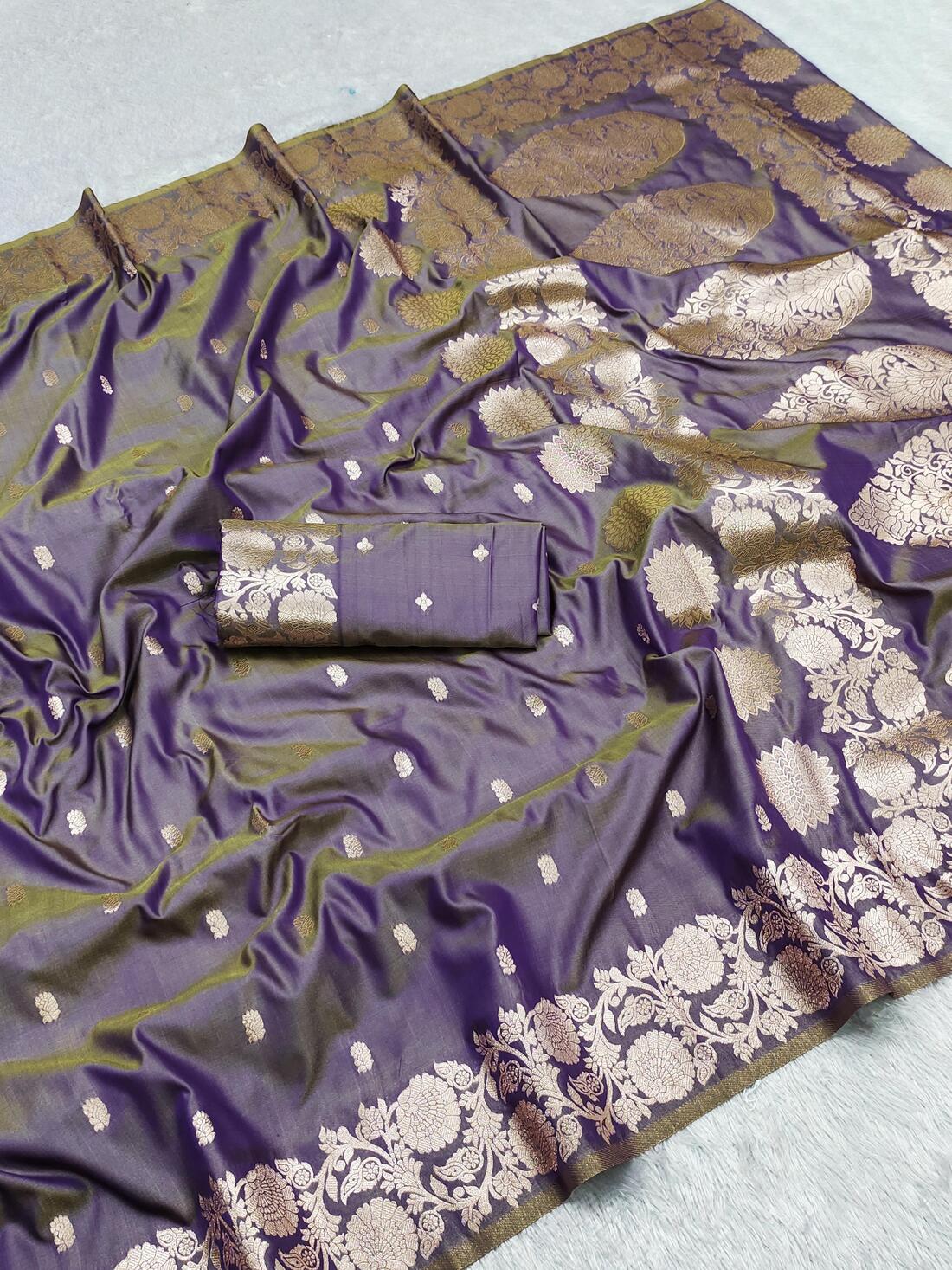 Blooming Grey Soft Banarasi Silk Saree With Sizzling Blouse Piece - Surats Fabric