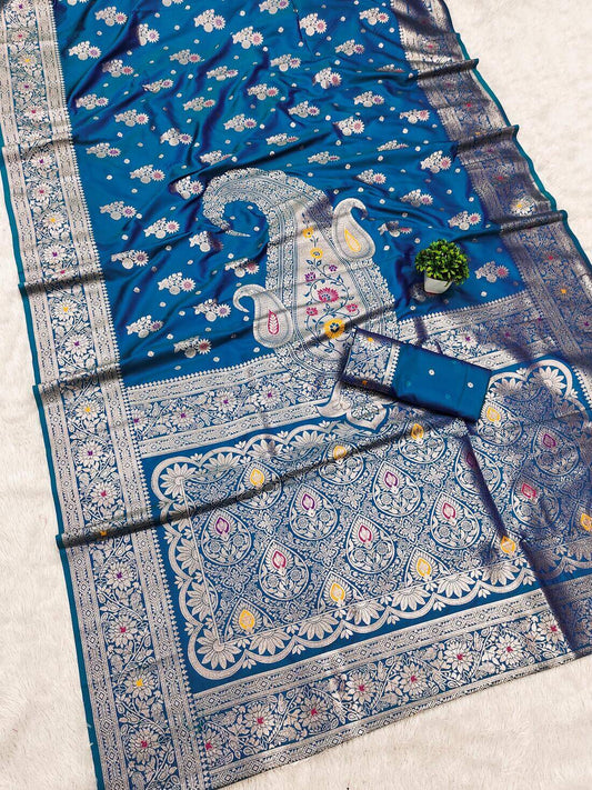 Beauteous Firozi Soft Banarasi Silk Saree With Mesmerising Blouse Piece - Surats Fabric