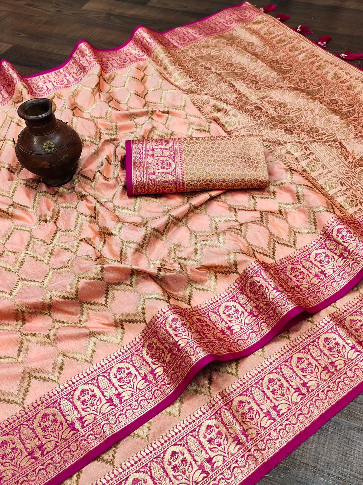Arresting Peach Soft Banarasi Silk Saree With Twirling Blouse Piece - Surats Fabric