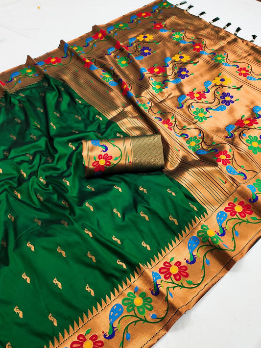 Capricious Dark Green Paithani Silk Saree With Beautiful Blouse Piece - Surats Fabric