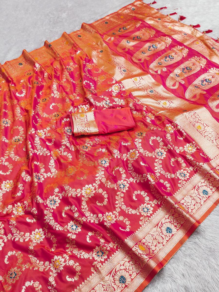 Bucolic Red Soft Banarasi Silk Saree With Conflate Blouse Piece - Surats Fabric