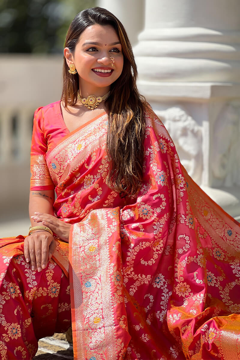 Bucolic Red Soft Banarasi Silk Saree With Conflate Blouse Piece - Surats Fabric