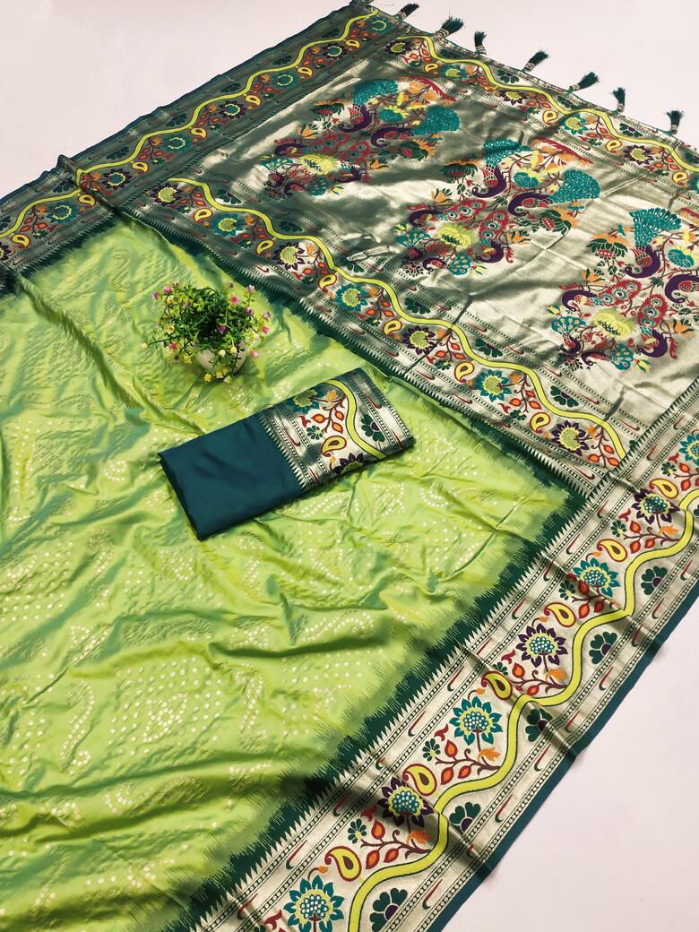 Artistic Pista Paithani Silk Saree With Tempting Blouse Piece - Surats Fabric