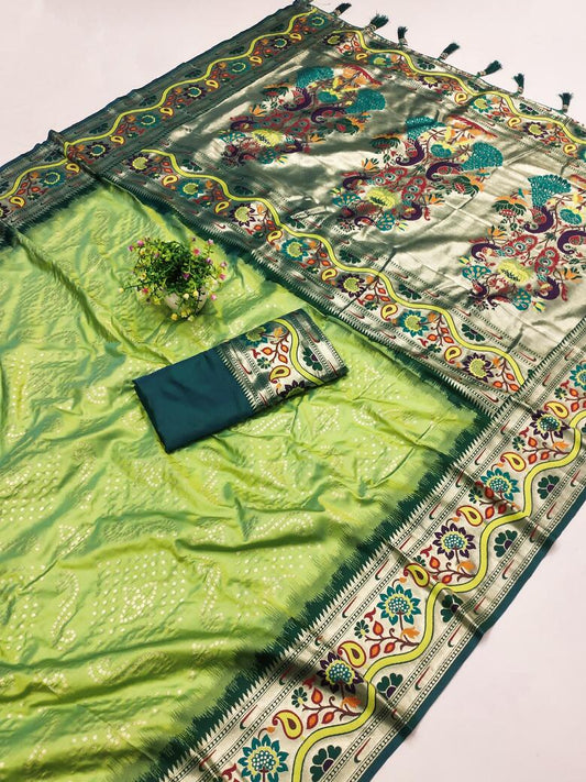 Artistic Pista Paithani Silk Saree With Tempting Blouse Piece - Surats Fabric