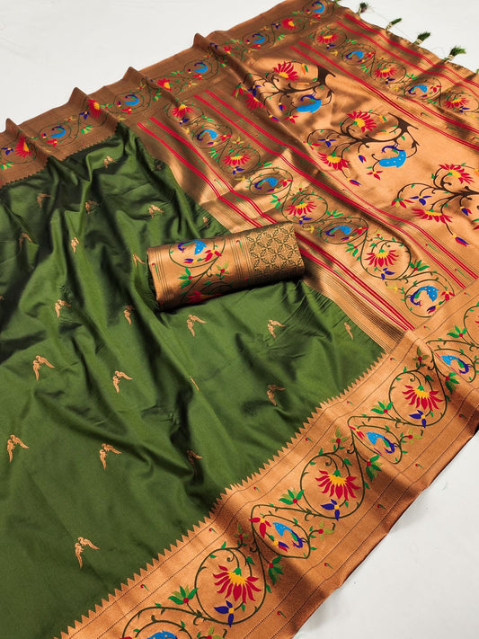 Bucolic Green Paithani Silk Saree With Desirable Blouse Piece - Surats Fabric